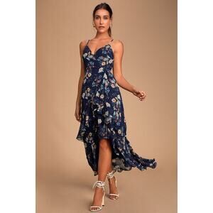 Lulus Albina Navy Blue Floral Print Ruffled Maxi Dress - Size S